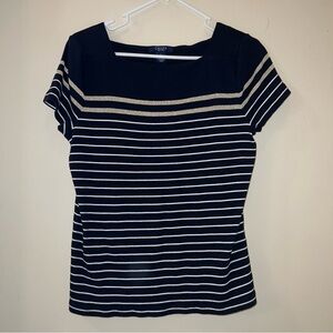 Chaps Navy Gold and White Striped Top